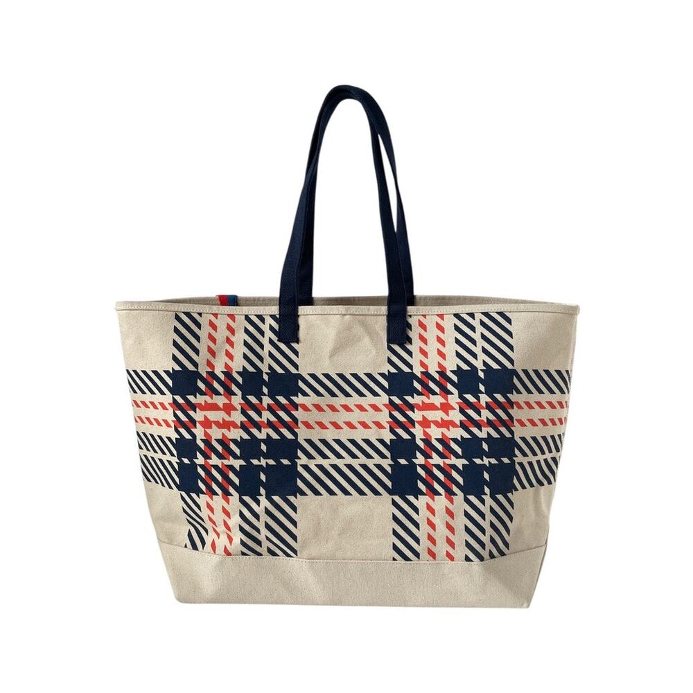 KULE Plaid Canvas Shoulder Tote Natural Navy Red Over Shoulder Carryall Bag - Picture 4 of 7
